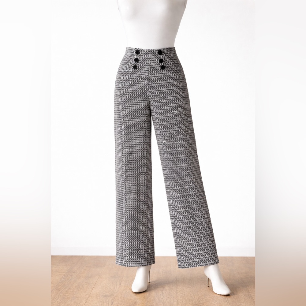 Max Studio High Waist Sailor Button Wide Leg Pants Black White Geometric Print S
